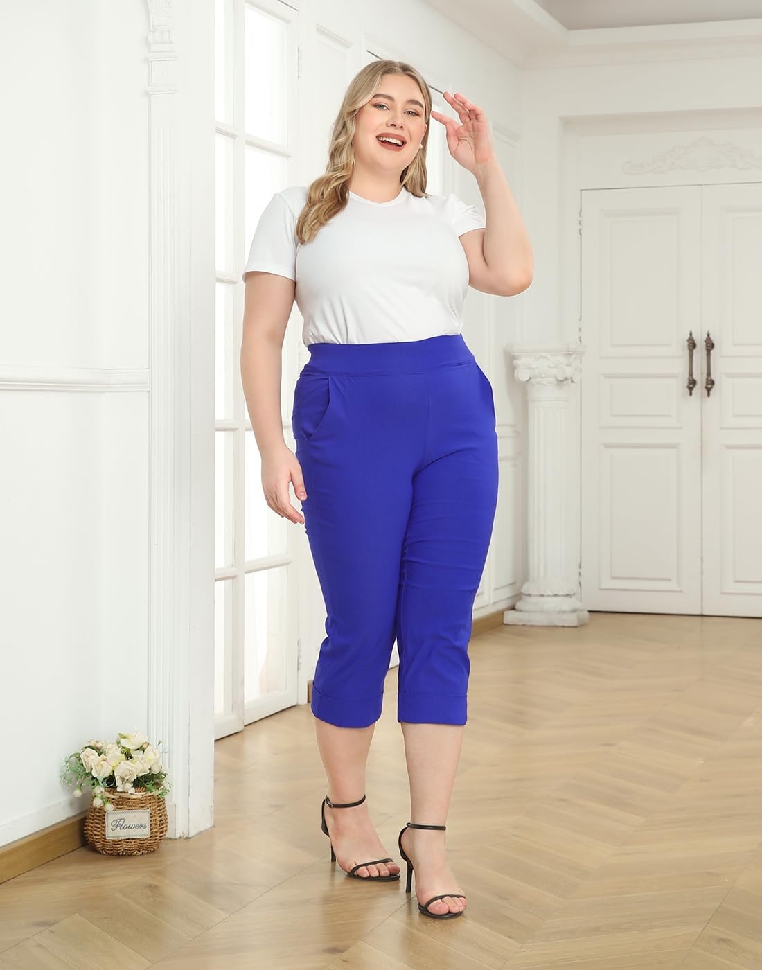 image:imageHDE Plus Size Pull On Capri Pants for Women with Pockets Elastic Waist Commuter Travel Casual Work Cropped Pants with CuffRoyal Blue
