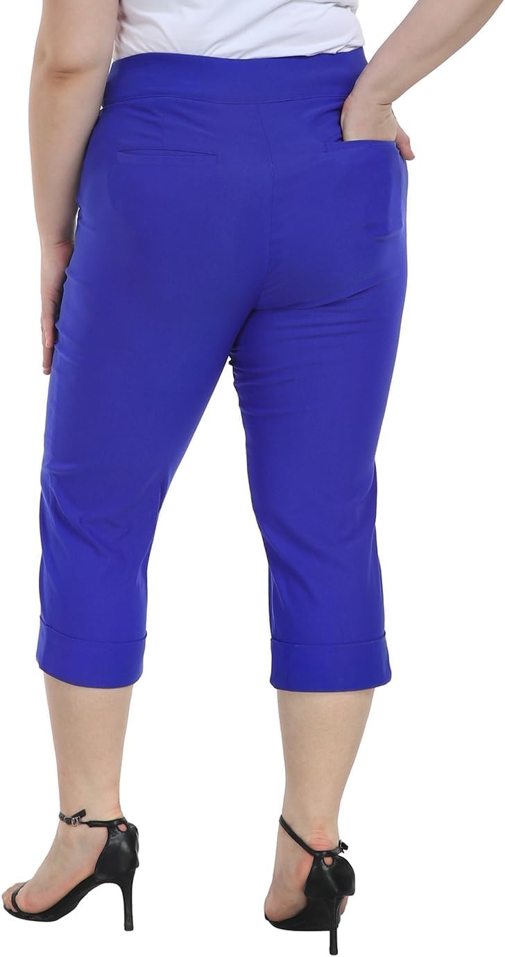 image:imageHDE Plus Size Pull On Capri Pants for Women with Pockets Elastic Waist Commuter Travel Casual Work Cropped Pants with CuffRoyal Blue