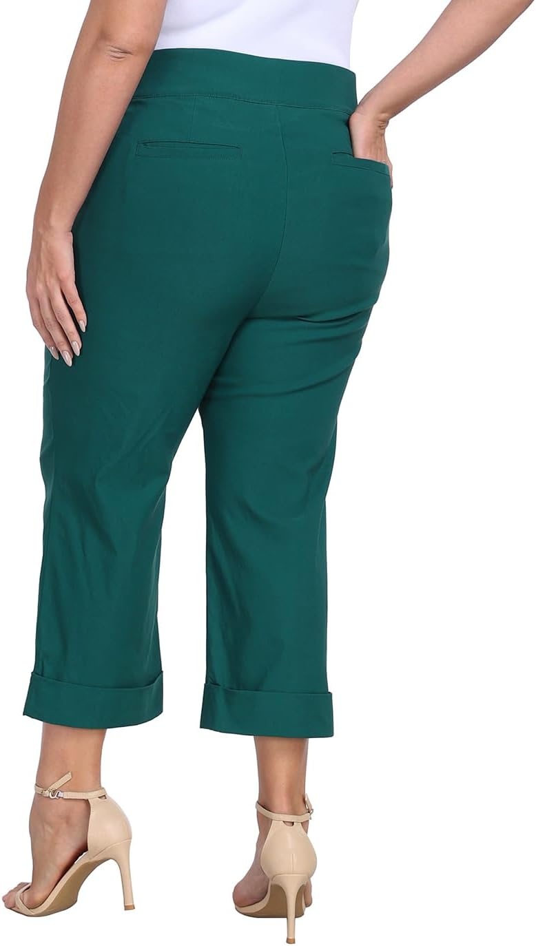image:imageHDE Plus Size Pull On Capri Pants for Women with Pockets Elastic Waist Commuter Travel Casual Work Cropped Pants with CuffTeal
