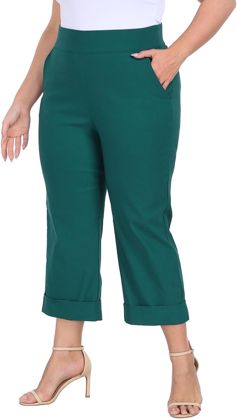 image:imageHDE Plus Size Pull On Capri Pants for Women with Pockets Elastic Waist Commuter Travel Casual Work Cropped Pants with CuffTeal