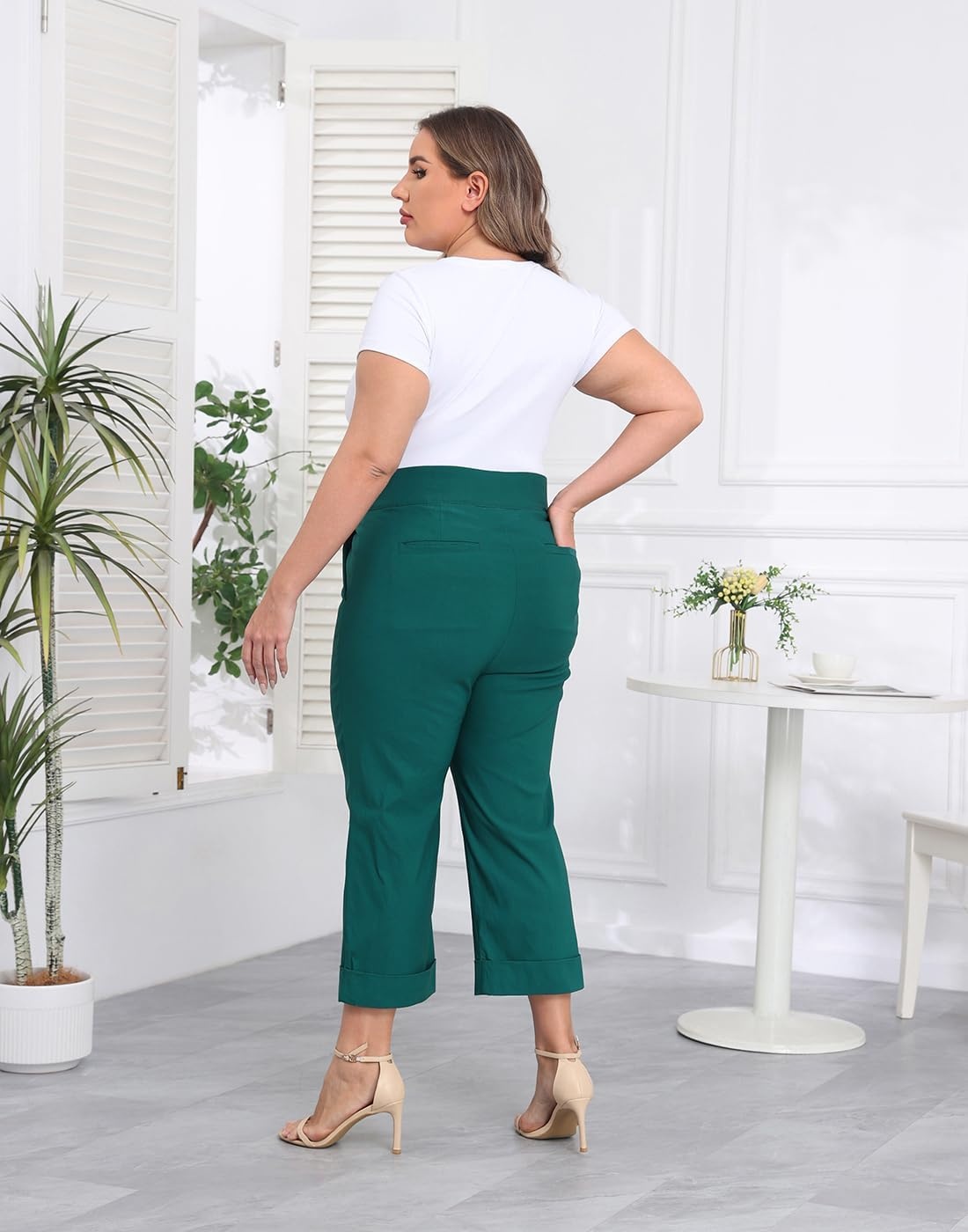 image:imageHDE Plus Size Pull On Capri Pants for Women with Pockets Elastic Waist Commuter Travel Casual Work Cropped Pants with CuffTeal
