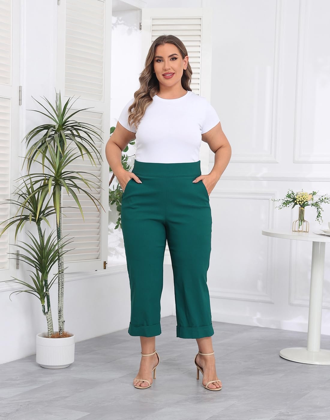 image:imageHDE Plus Size Pull On Capri Pants for Women with Pockets Elastic Waist Commuter Travel Casual Work Cropped Pants with CuffTeal