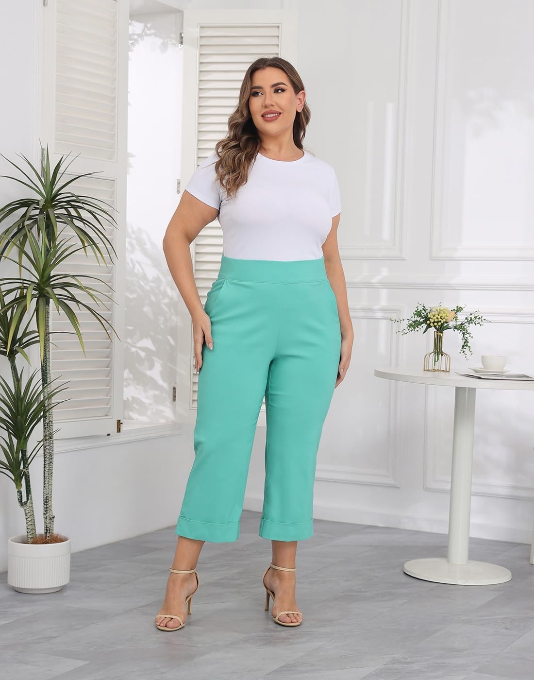 image:imageHDE Plus Size Pull On Capri Pants for Women with Pockets Elastic Waist Commuter Travel Casual Work Cropped Pants with CuffTurquoise