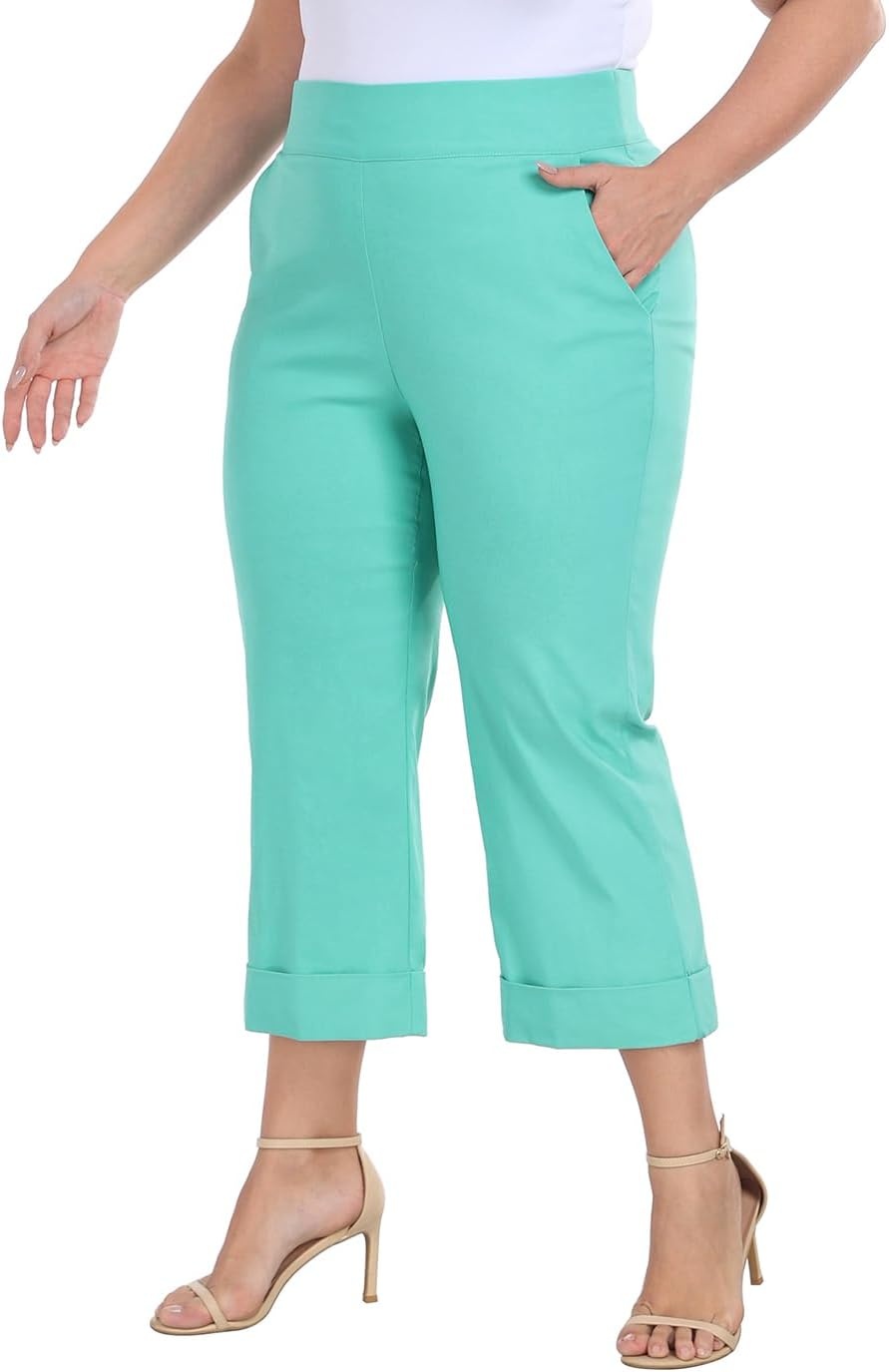 image:imageHDE Plus Size Pull On Capri Pants for Women with Pockets Elastic Waist Commuter Travel Casual Work Cropped Pants with CuffTurquoise