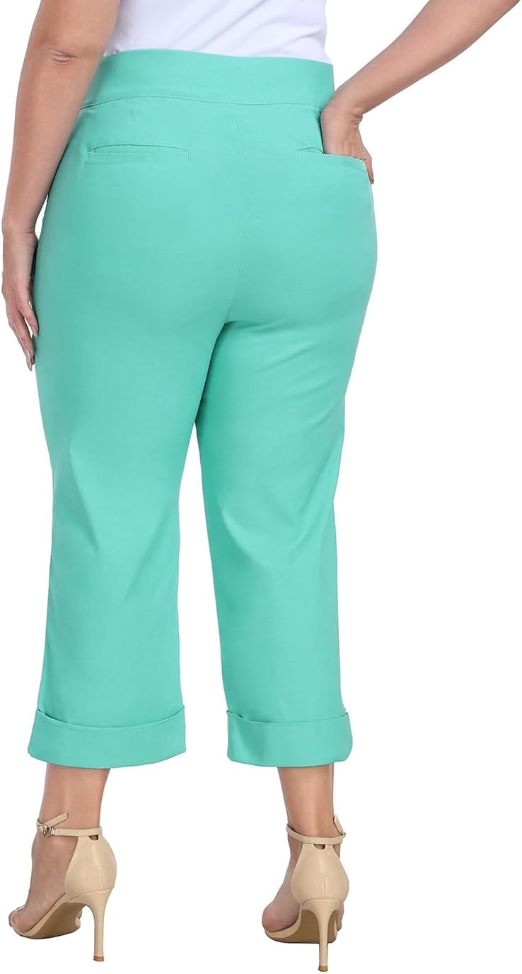 image:imageHDE Plus Size Pull On Capri Pants for Women with Pockets Elastic Waist Commuter Travel Casual Work Cropped Pants with CuffTurquoise