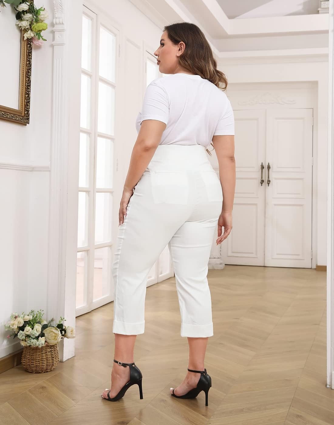 image:imageHDE Plus Size Pull On Capri Pants for Women with Pockets Elastic Waist Commuter Travel Casual Work Cropped Pants with CuffWhite