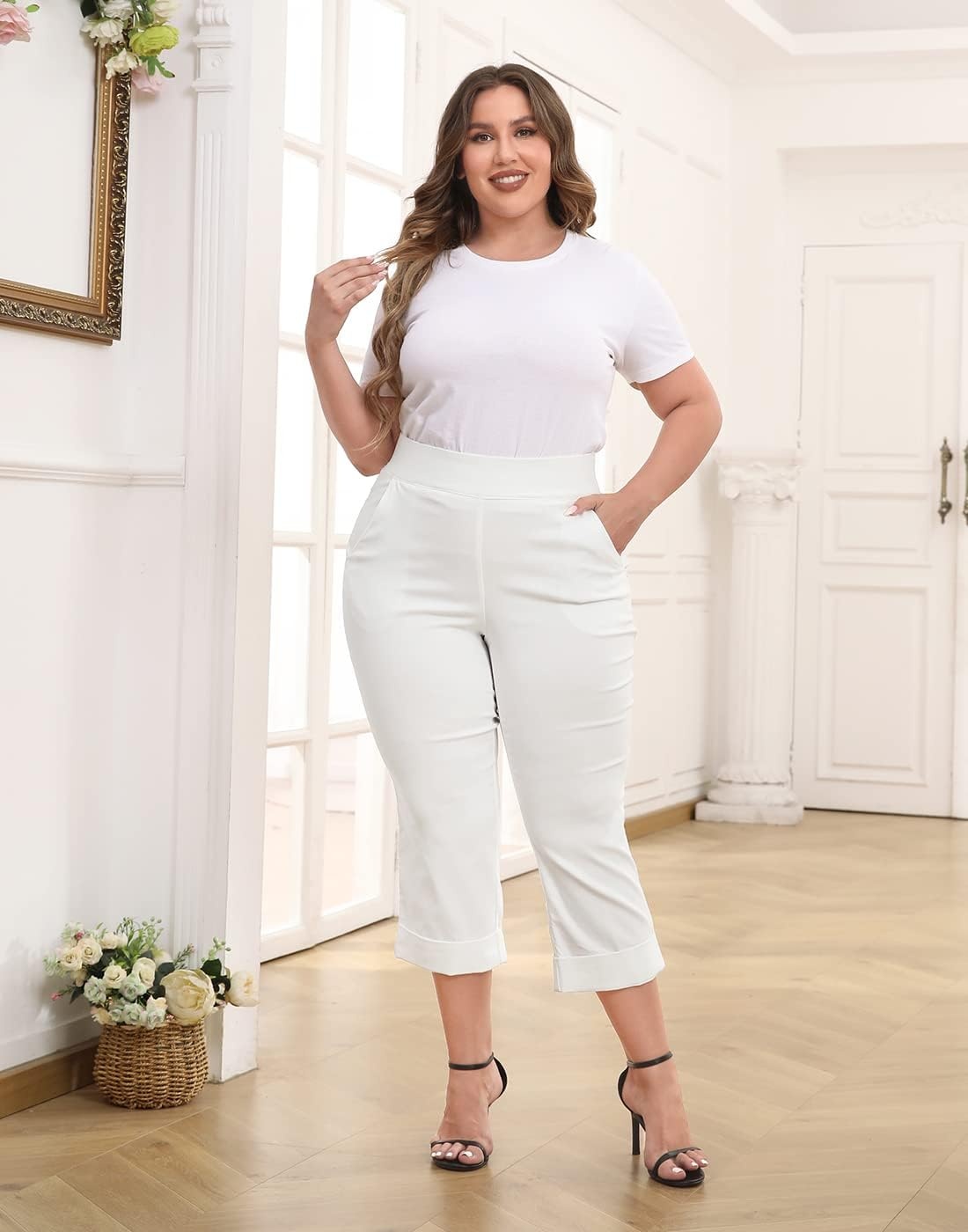 image:imageHDE Plus Size Pull On Capri Pants for Women with Pockets Elastic Waist Commuter Travel Casual Work Cropped Pants with CuffWhite