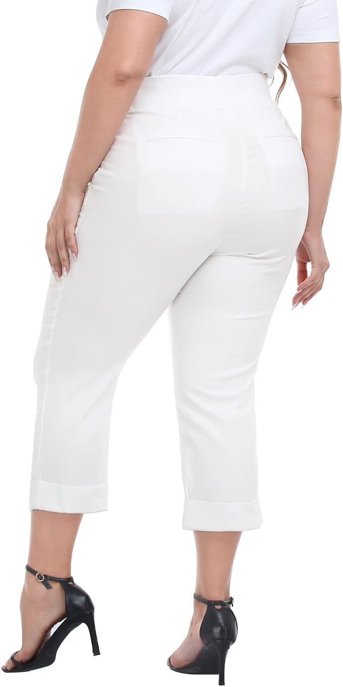 image:imageHDE Plus Size Pull On Capri Pants for Women with Pockets Elastic Waist Commuter Travel Casual Work Cropped Pants with CuffWhite