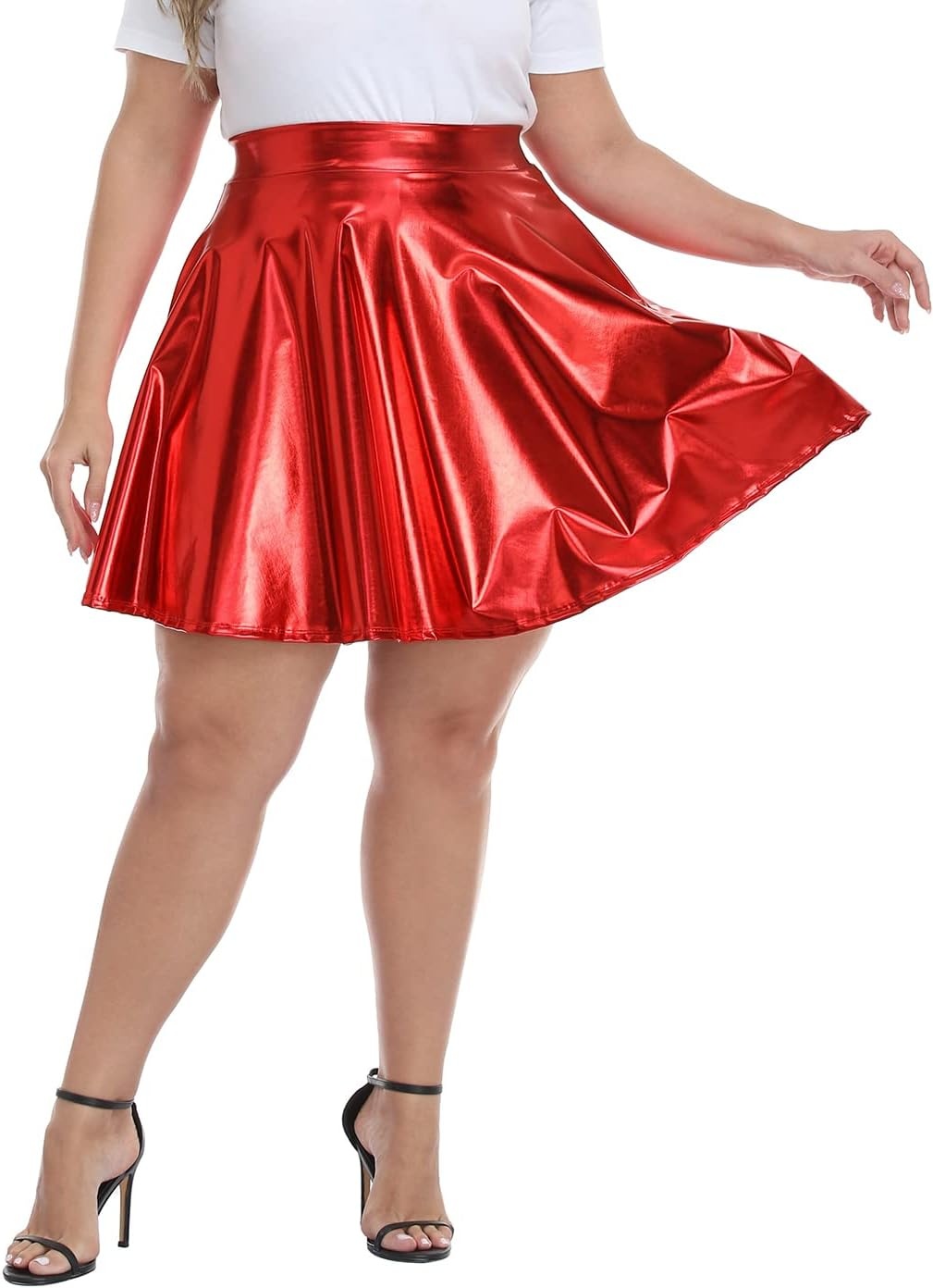 image:imageHDE Plus Size Shiny Skater Skirt High Waisted Pleated SkirtRed