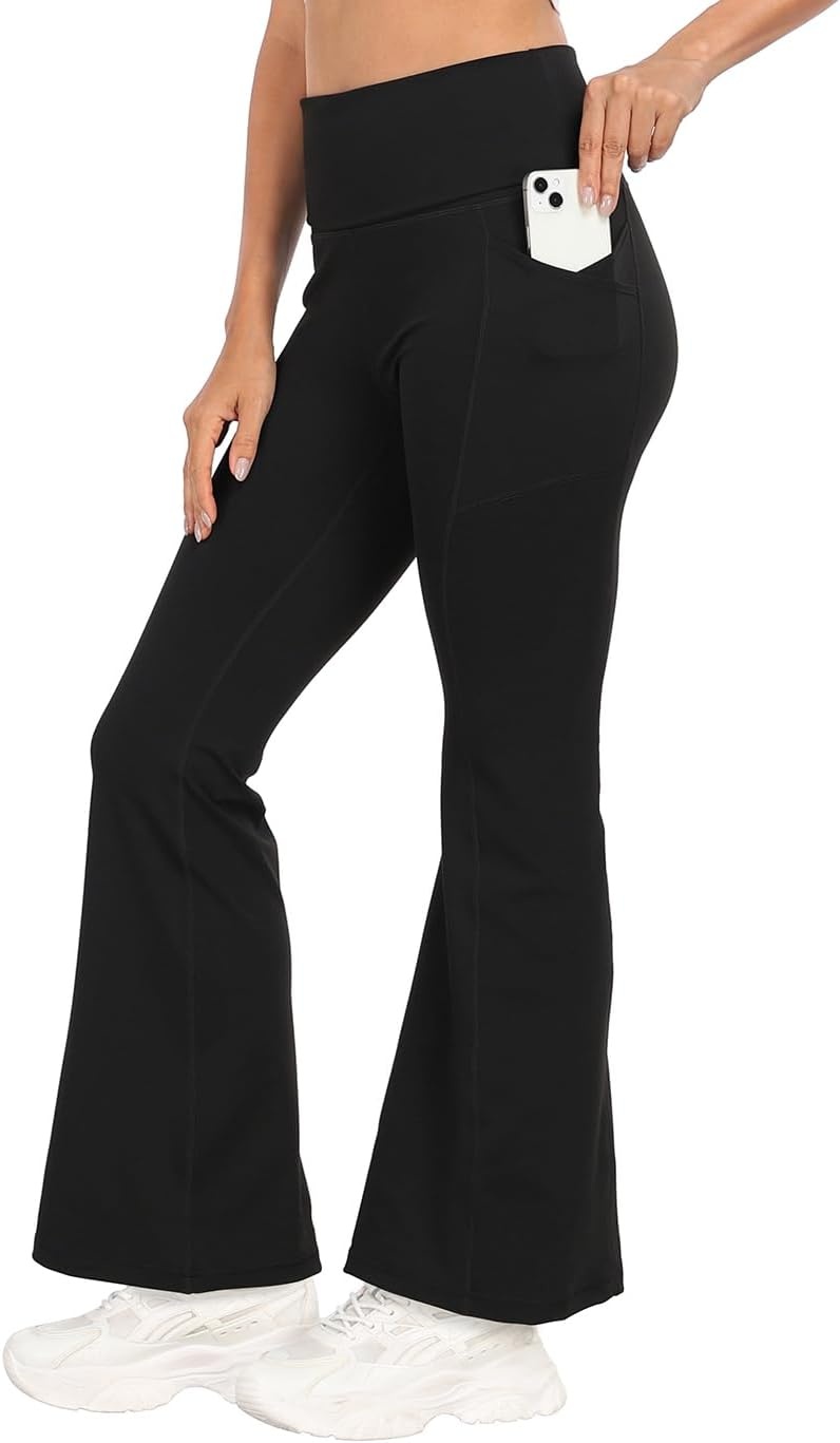 image:imageHDE Womens Fold Over Yoga Pants with Pockets High Waist Flare Workout LeggingsBlack