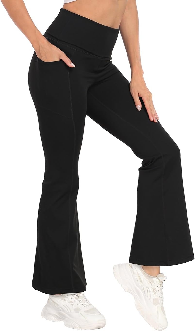 image:imageHDE Womens Fold Over Yoga Pants with Pockets High Waist Flare Workout LeggingsBlack