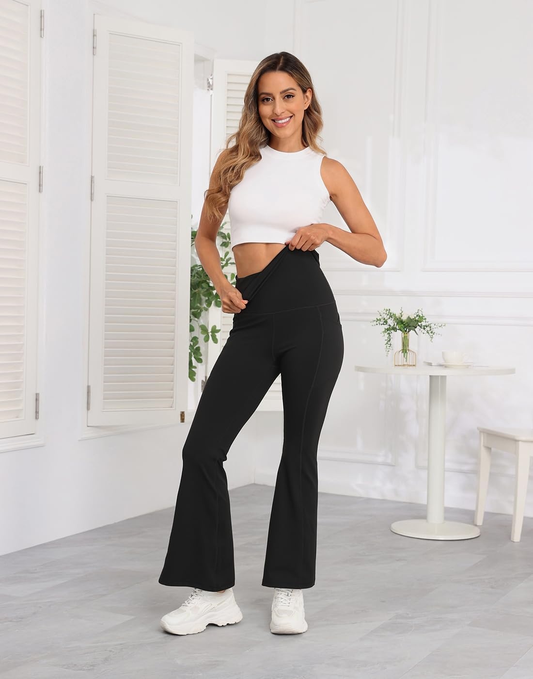 image:imageHDE Womens Fold Over Yoga Pants with Pockets High Waist Flare Workout LeggingsBlack