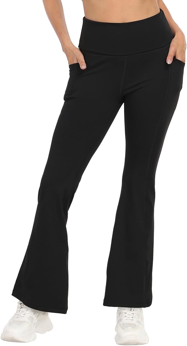 image:imageHDE Womens Fold Over Yoga Pants with Pockets High Waist Flare Workout LeggingsBlack