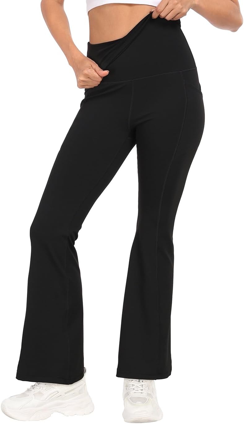 image:imageHDE Womens Fold Over Yoga Pants with Pockets High Waist Flare Workout LeggingsBlack