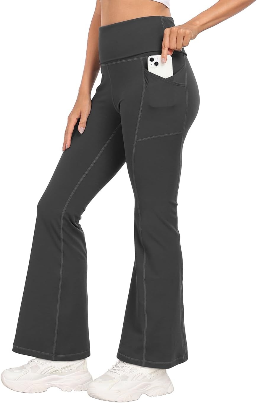 image:imageHDE Womens Fold Over Yoga Pants with Pockets High Waist Flare Workout LeggingsCharcoal Gray