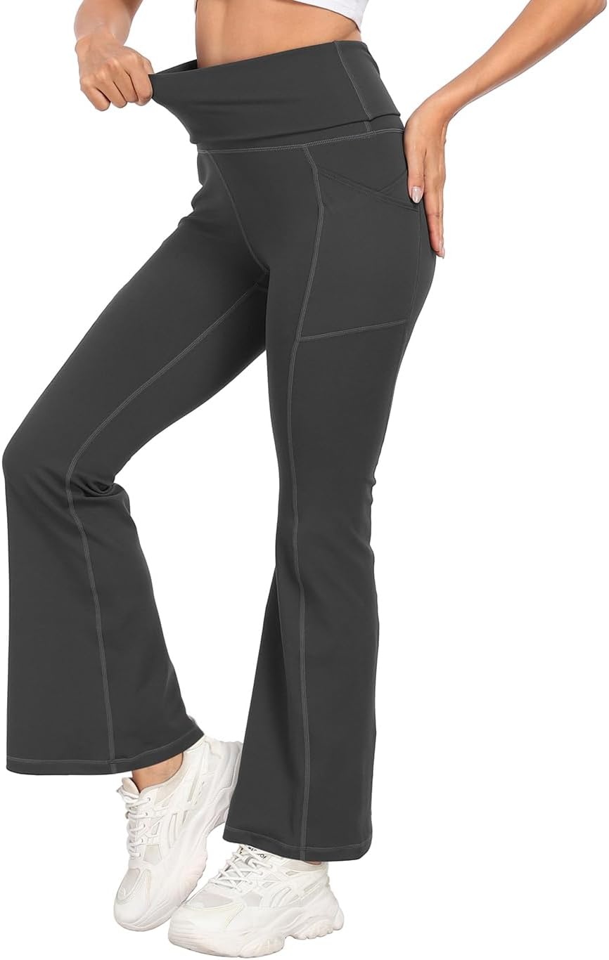 image:imageHDE Womens Fold Over Yoga Pants with Pockets High Waist Flare Workout LeggingsCharcoal Gray