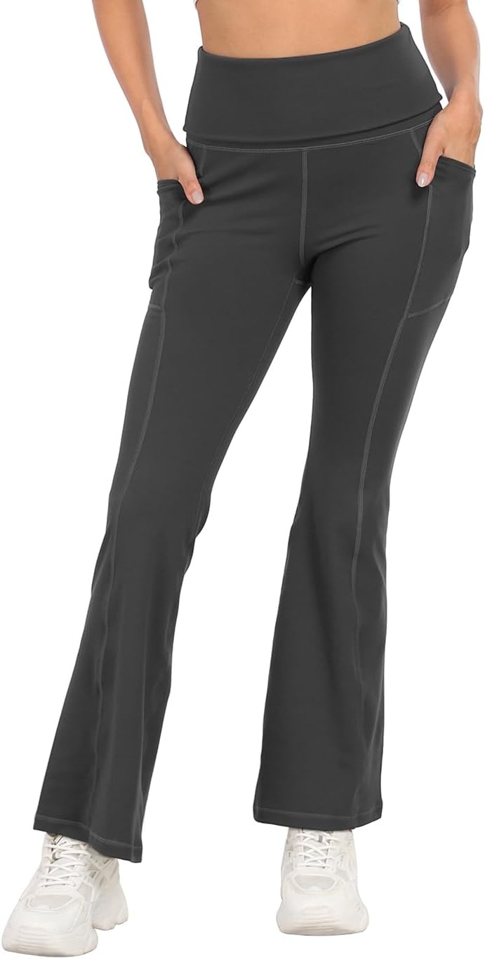 image:imageHDE Womens Fold Over Yoga Pants with Pockets High Waist Flare Workout LeggingsCharcoal Gray