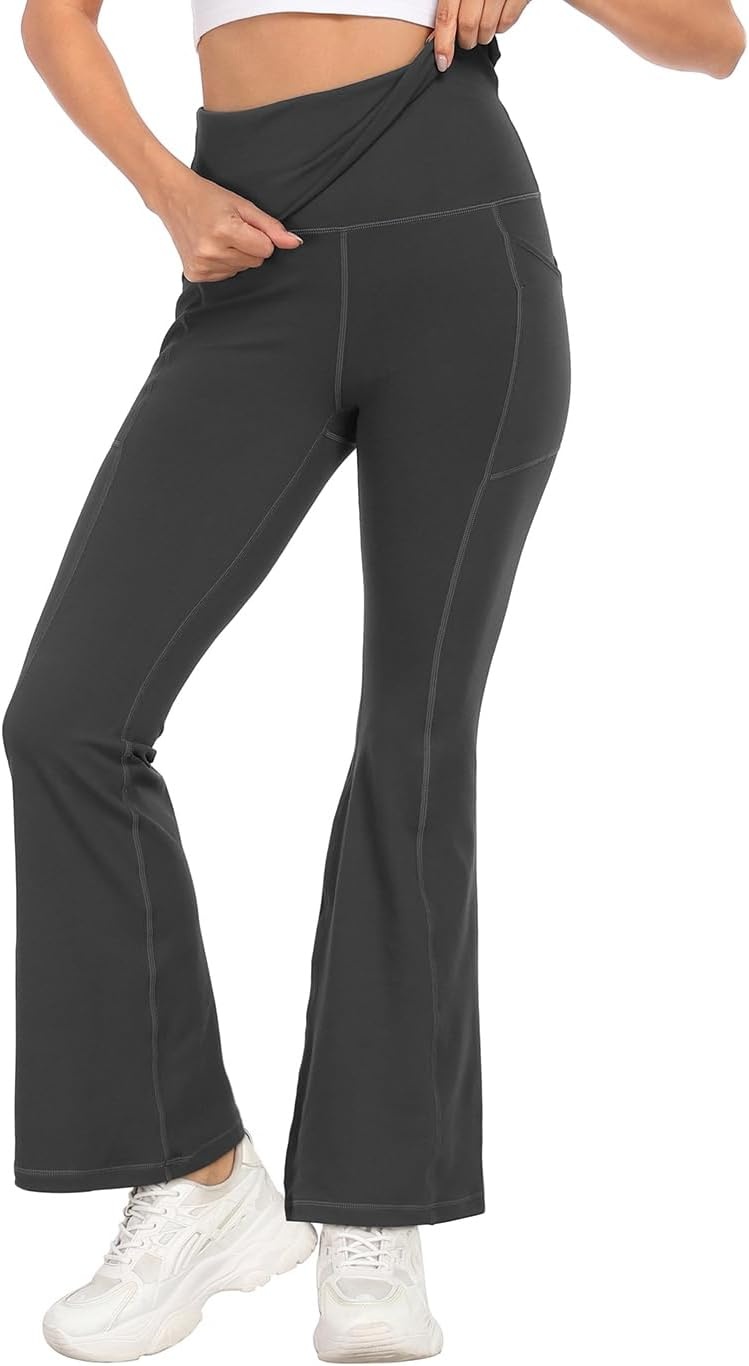 image:imageHDE Womens Fold Over Yoga Pants with Pockets High Waist Flare Workout LeggingsCharcoal Gray