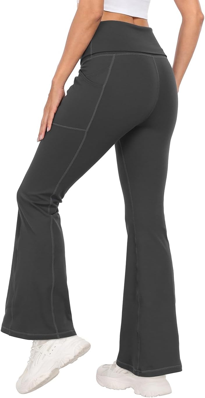 image:imageHDE Womens Fold Over Yoga Pants with Pockets High Waist Flare Workout LeggingsCharcoal Gray