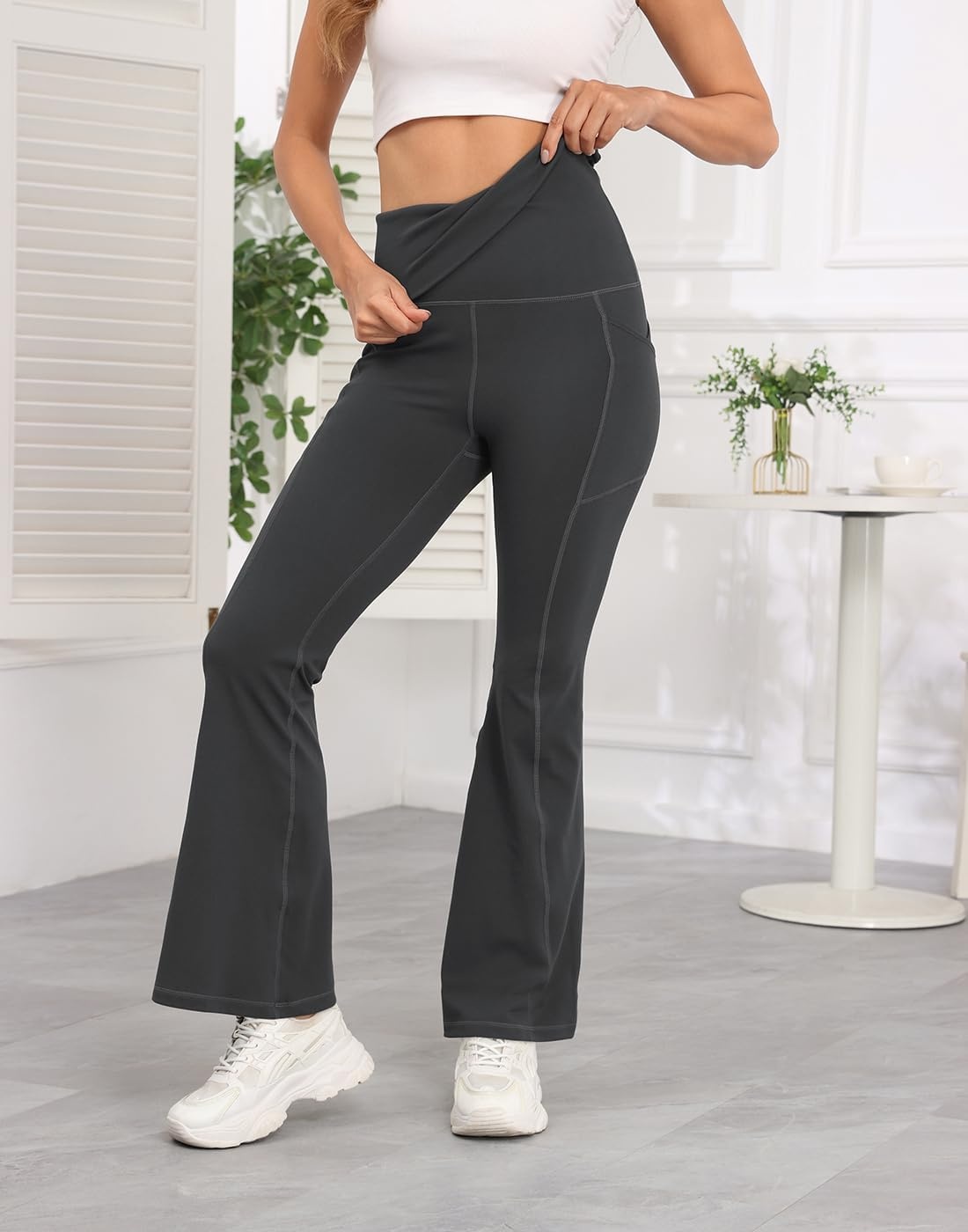 image:imageHDE Womens Fold Over Yoga Pants with Pockets High Waist Flare Workout LeggingsCharcoal Gray