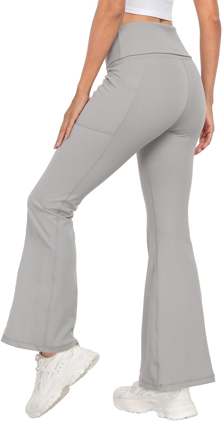 image:imageHDE Womens Fold Over Yoga Pants with Pockets High Waist Flare Workout LeggingsLight Gray