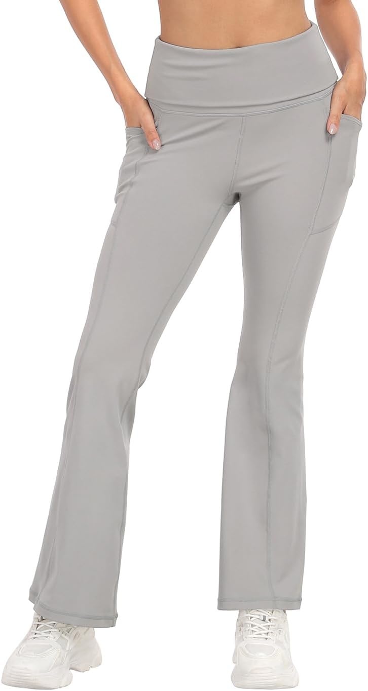image:imageHDE Womens Fold Over Yoga Pants with Pockets High Waist Flare Workout LeggingsLight Gray