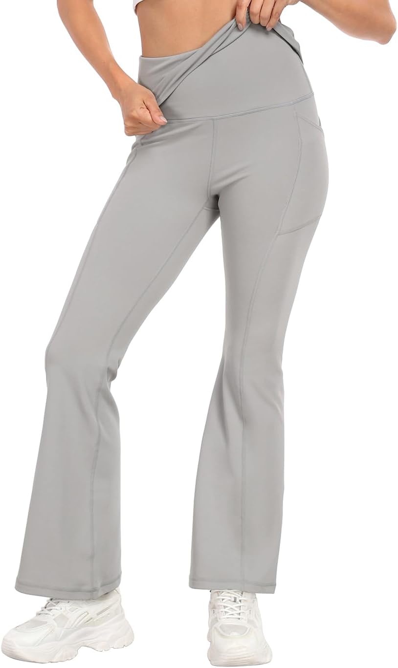 image:imageHDE Womens Fold Over Yoga Pants with Pockets High Waist Flare Workout LeggingsLight Gray