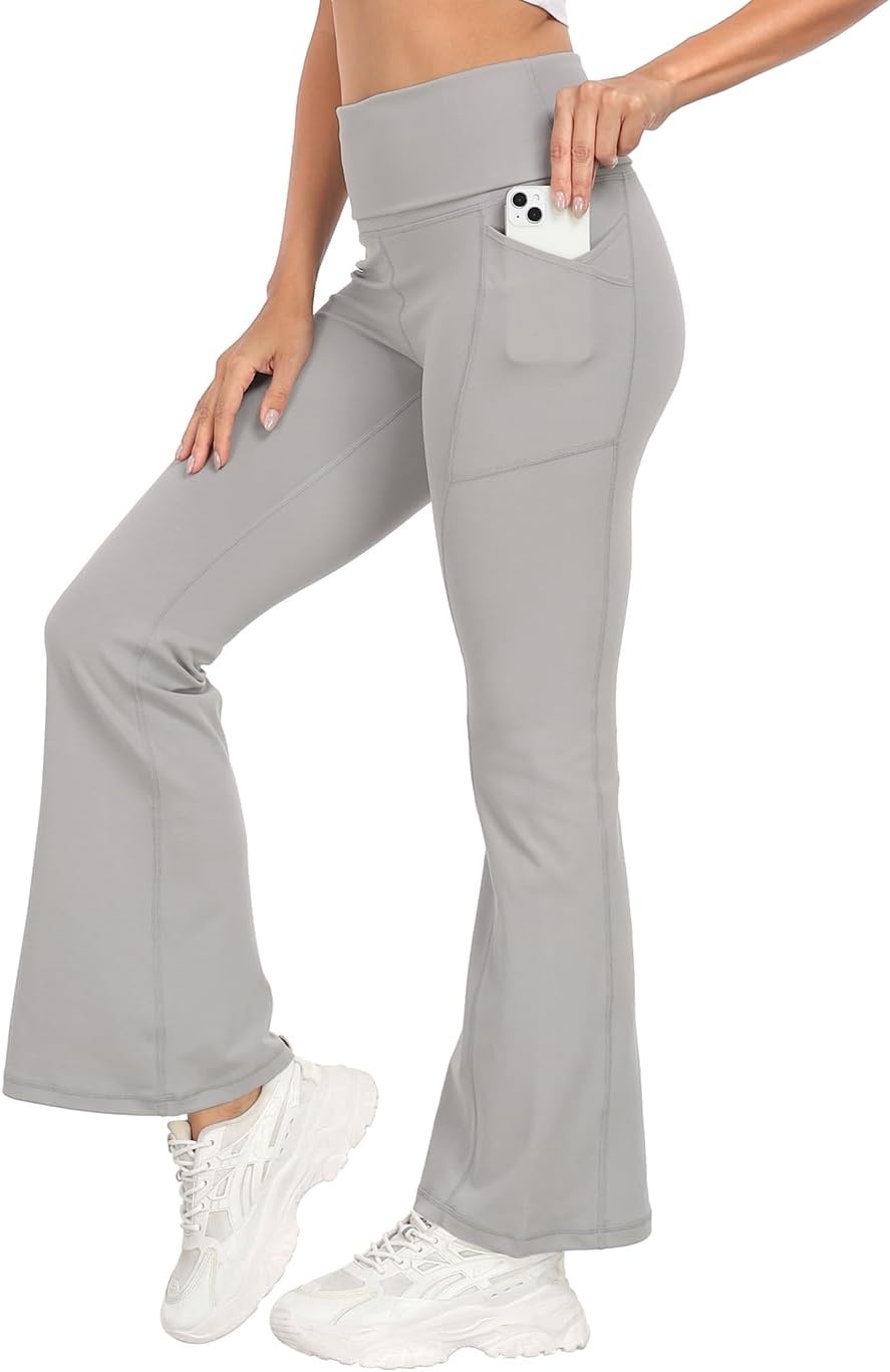 image:imageHDE Womens Fold Over Yoga Pants with Pockets High Waist Flare Workout LeggingsLight Gray