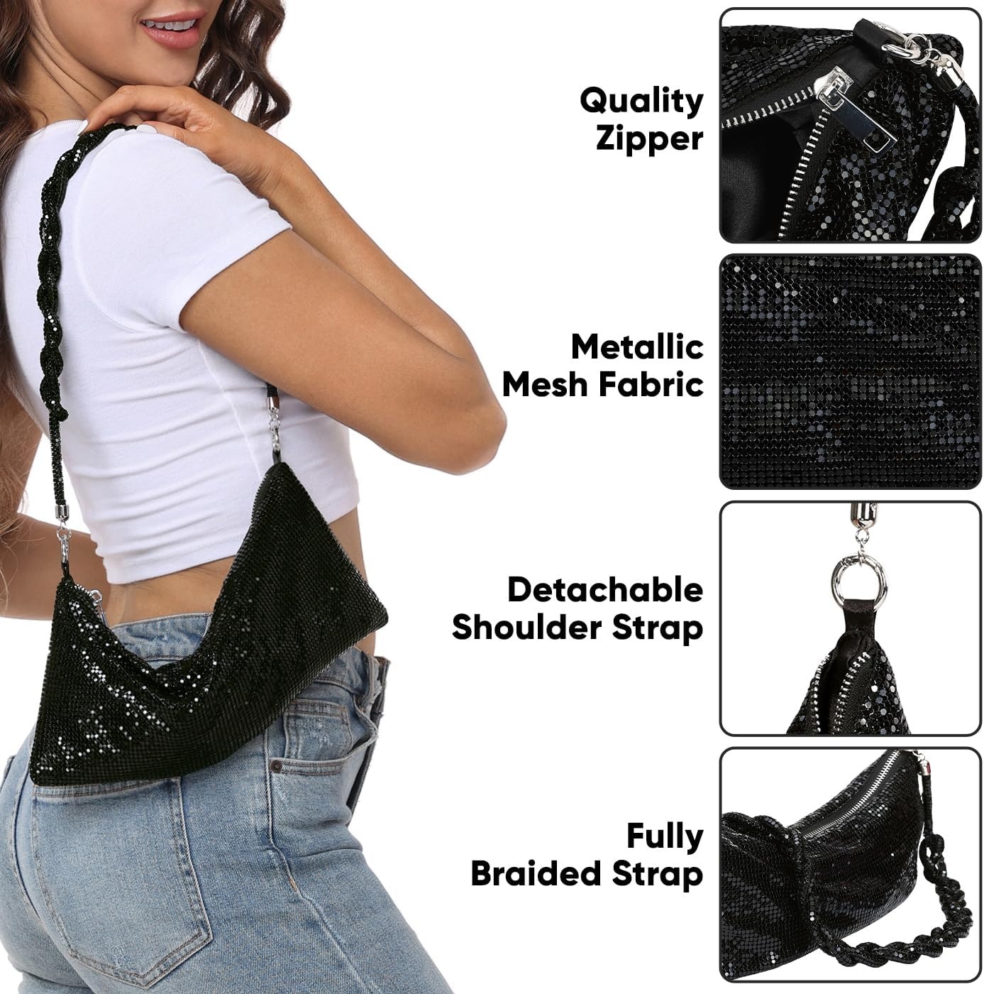 image:imageHDE Womens Metallic Mesh Sparkly Evening Bag Shiny Braid Knotted Shoulder Purse Mini Handbag Glitter Wedding Party ClutchBlack
