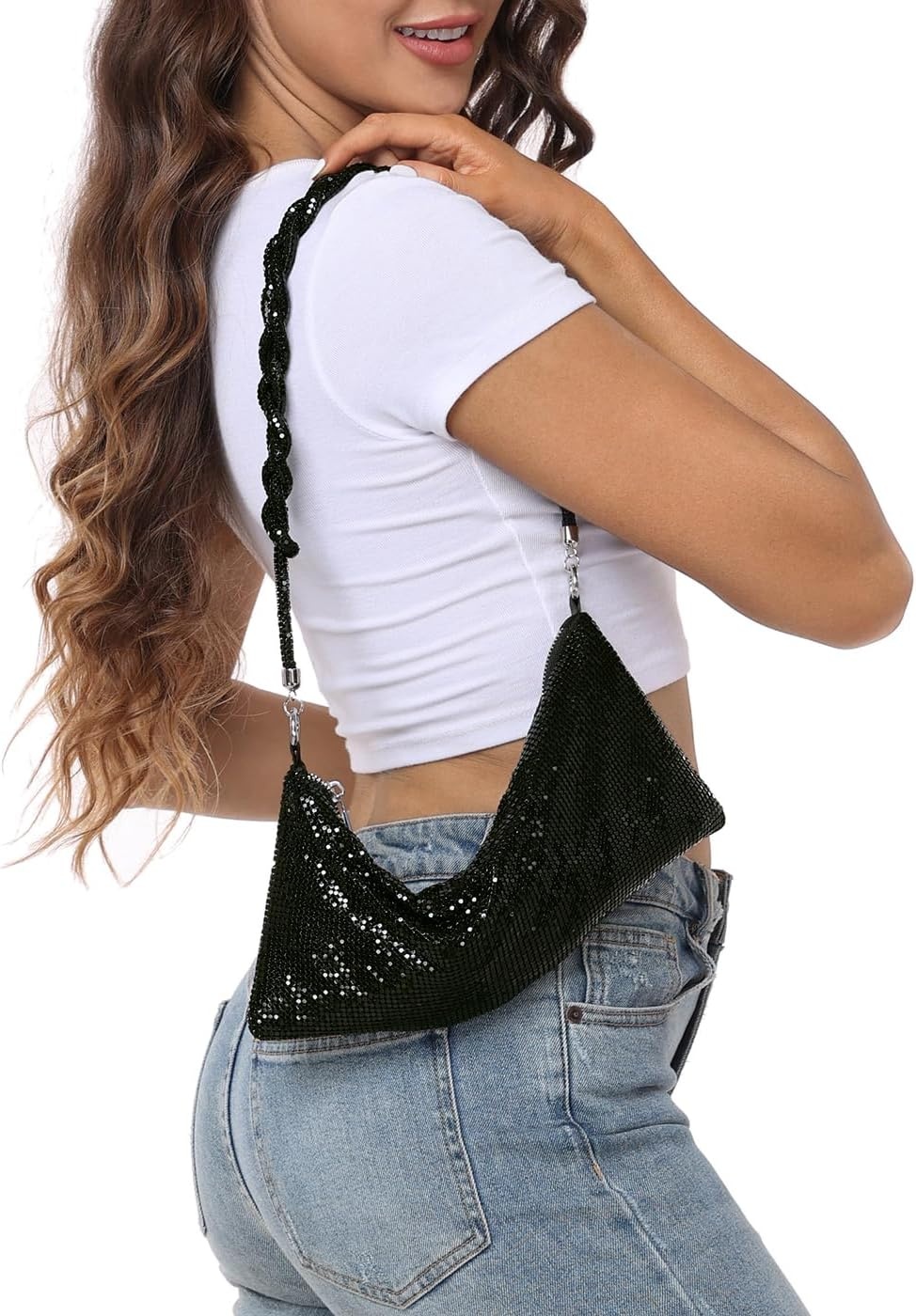 image:imageHDE Womens Metallic Mesh Sparkly Evening Bag Shiny Braid Knotted Shoulder Purse Mini Handbag Glitter Wedding Party ClutchBlack
