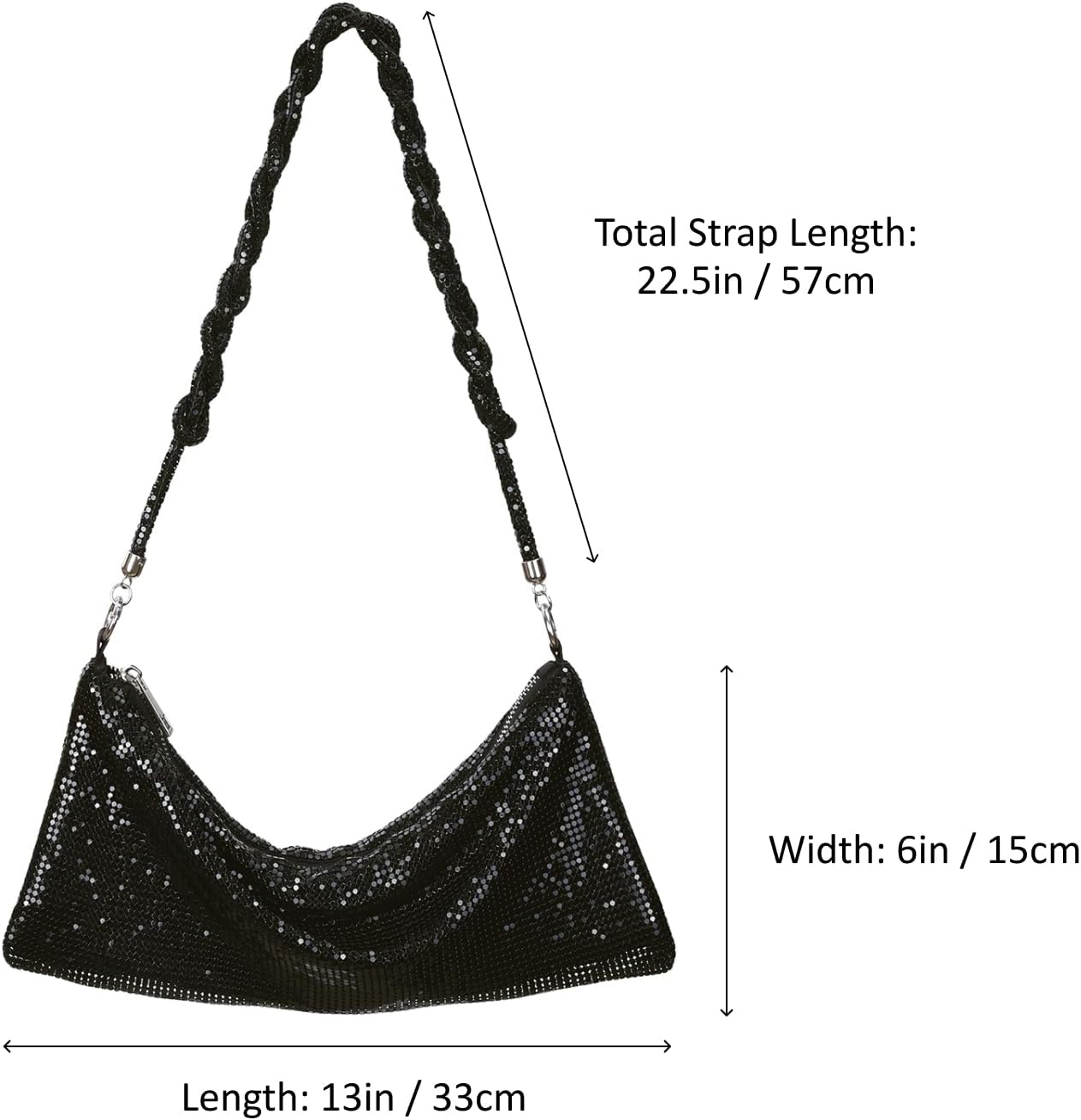 image:imageHDE Womens Metallic Mesh Sparkly Evening Bag Shiny Braid Knotted Shoulder Purse Mini Handbag Glitter Wedding Party ClutchBlack
