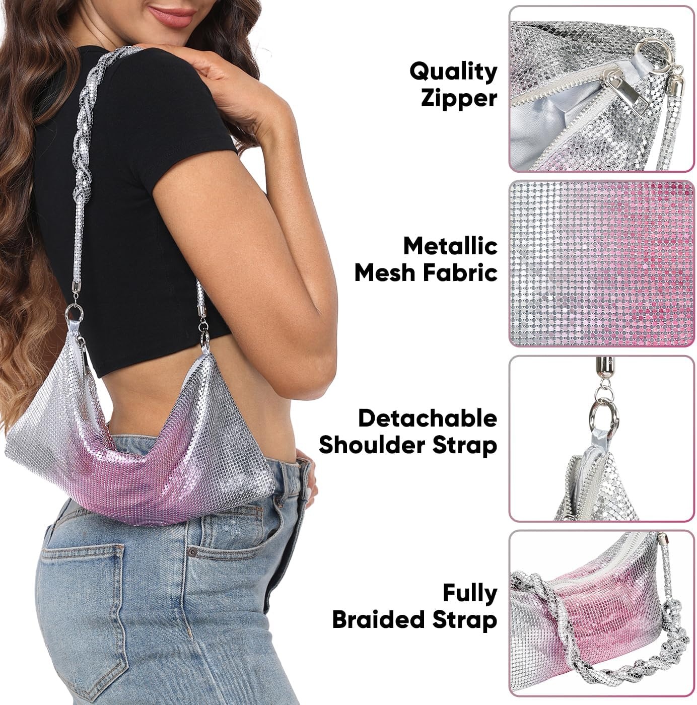 image:imageHDE Womens Metallic Mesh Sparkly Evening Bag Shiny Braid Knotted Shoulder Purse Mini Handbag Glitter Wedding Party ClutchBlackPinkSilver