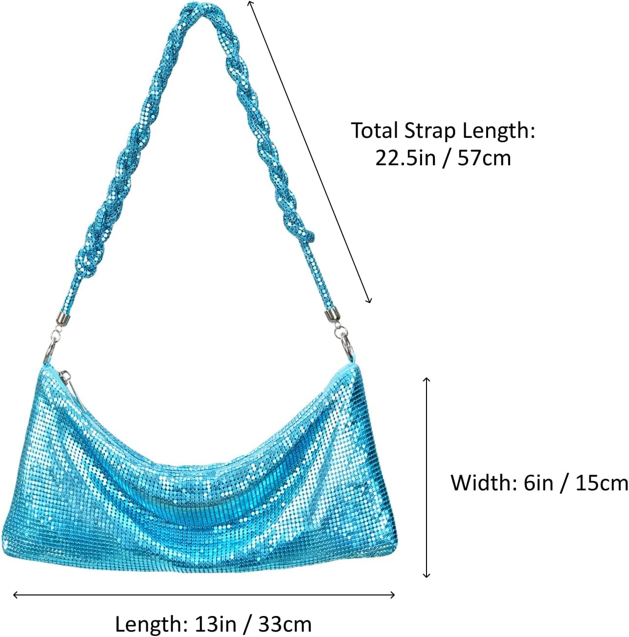 image:imageHDE Womens Metallic Mesh Sparkly Evening Bag Shiny Braid Knotted Shoulder Purse Mini Handbag Glitter Wedding Party ClutchBlue