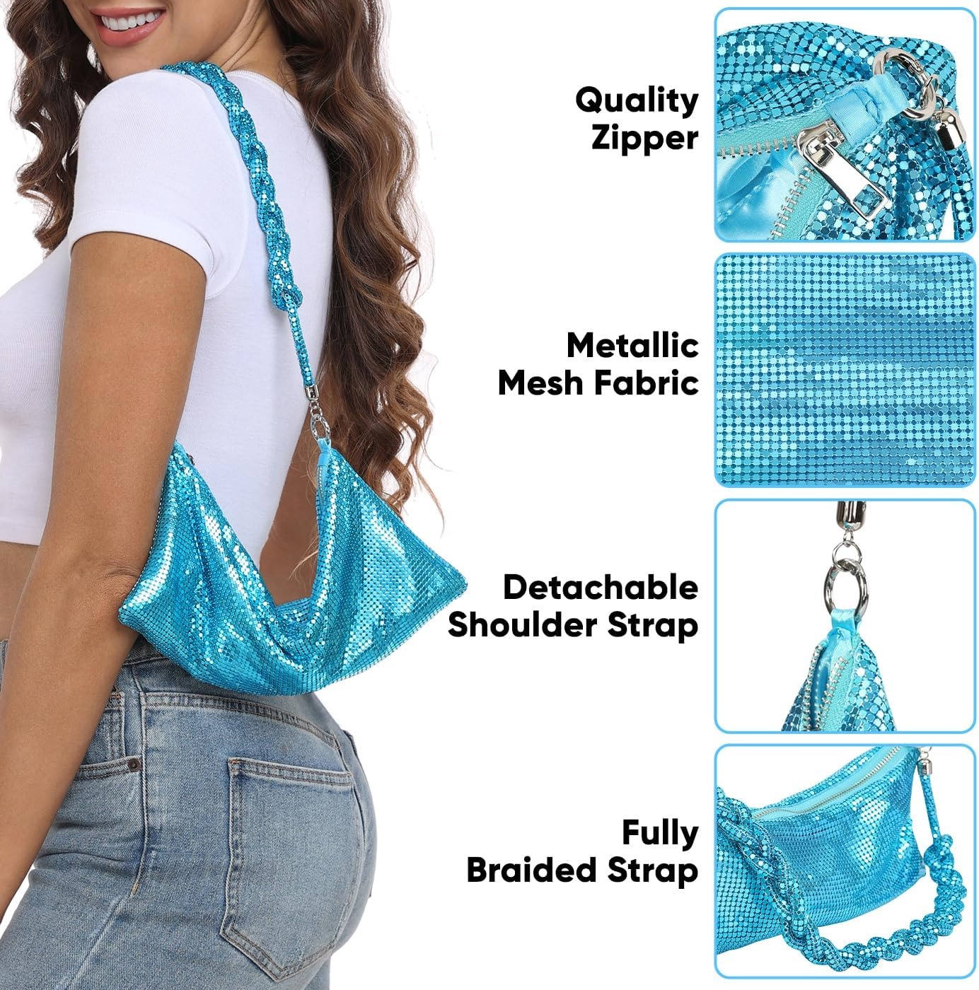 image:imageHDE Womens Metallic Mesh Sparkly Evening Bag Shiny Braid Knotted Shoulder Purse Mini Handbag Glitter Wedding Party ClutchBlue