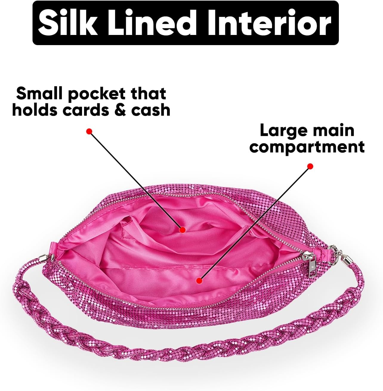 image:imageHDE Womens Metallic Mesh Sparkly Evening Bag Shiny Braid Knotted Shoulder Purse Mini Handbag Glitter Wedding Party ClutchHot Pink