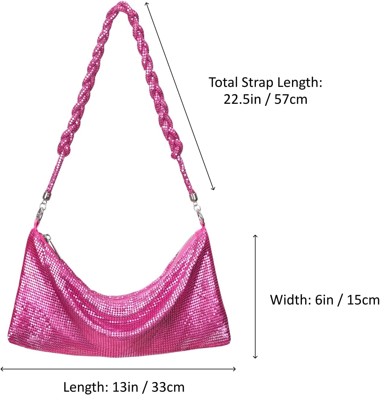 image:imageHDE Womens Metallic Mesh Sparkly Evening Bag Shiny Braid Knotted Shoulder Purse Mini Handbag Glitter Wedding Party ClutchHot Pink