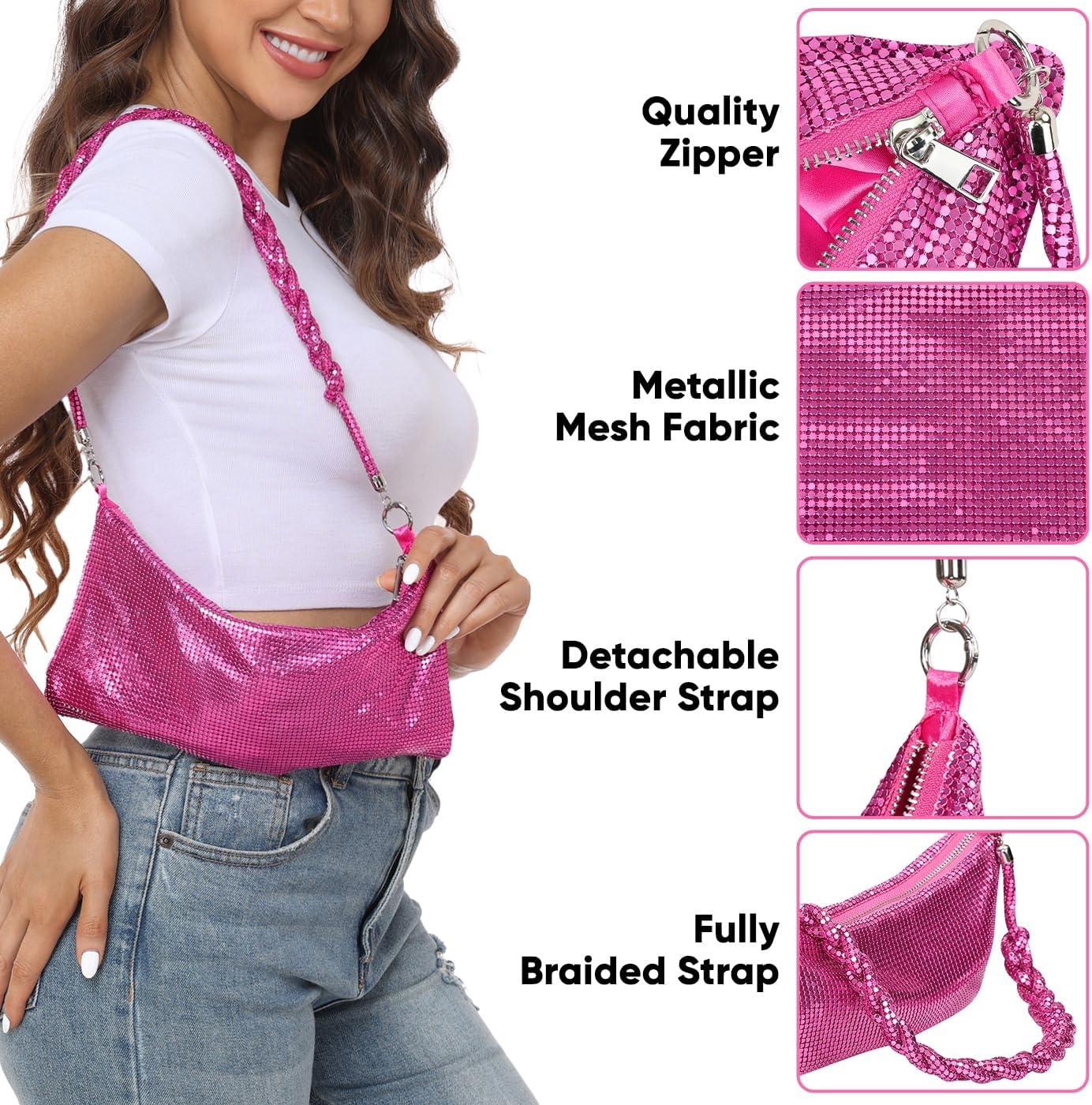 image:imageHDE Womens Metallic Mesh Sparkly Evening Bag Shiny Braid Knotted Shoulder Purse Mini Handbag Glitter Wedding Party ClutchHot Pink