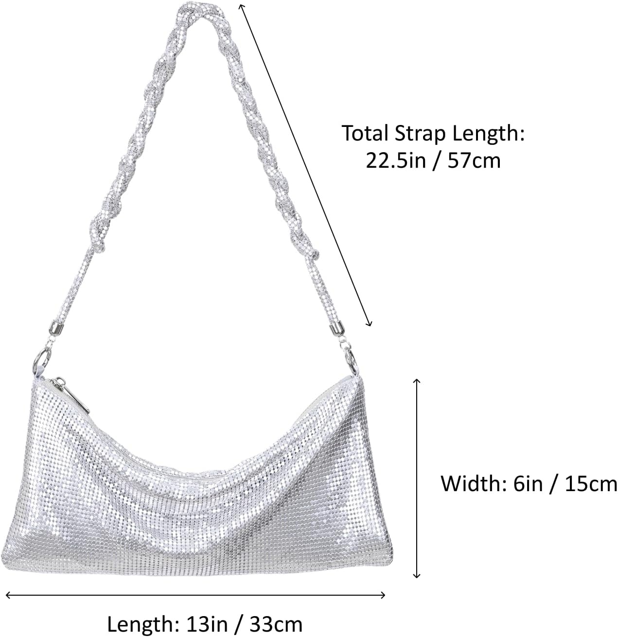 image:imageHDE Womens Metallic Mesh Sparkly Evening Bag Shiny Braid Knotted Shoulder Purse Mini Handbag Glitter Wedding Party ClutchSilver
