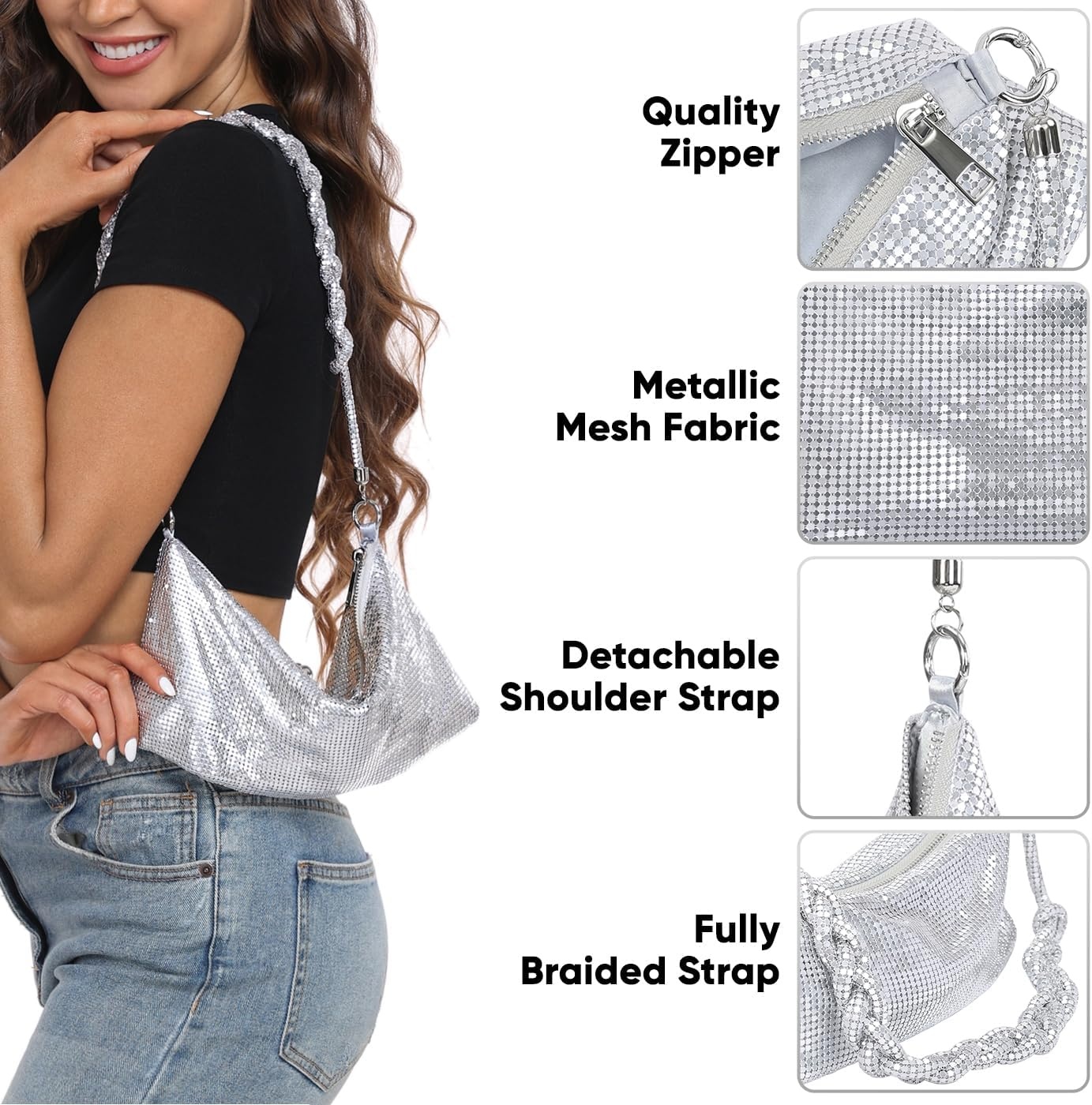 image:imageHDE Womens Metallic Mesh Sparkly Evening Bag Shiny Braid Knotted Shoulder Purse Mini Handbag Glitter Wedding Party ClutchSilver