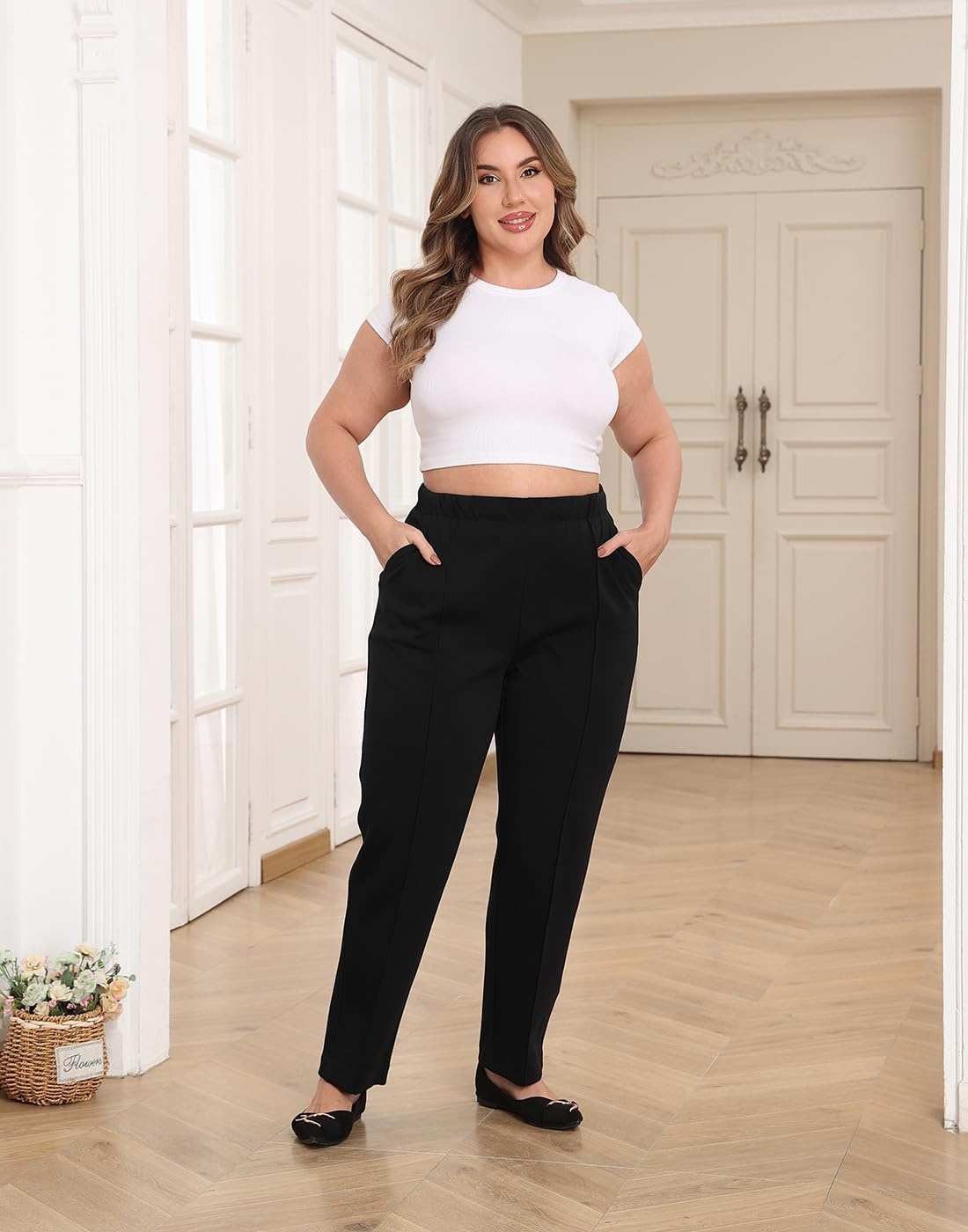 image:imageHDE Womens Plus Size Pintuck Pull On Sweatpants with PocketsBlack