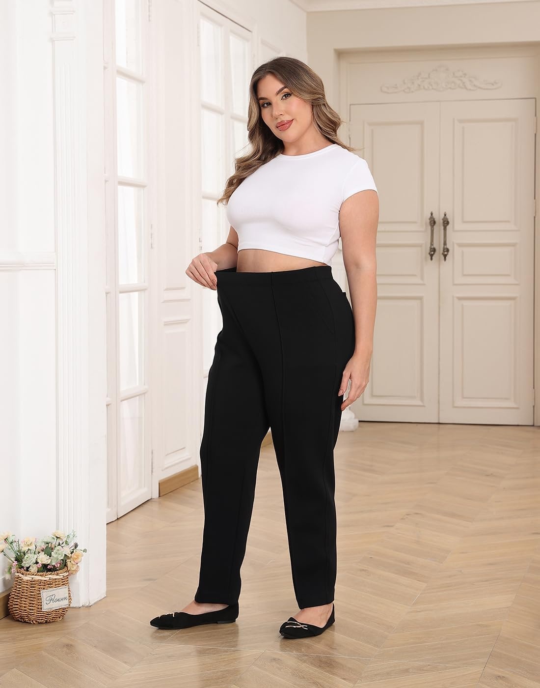 image:imageHDE Womens Plus Size Pintuck Pull On Sweatpants with PocketsBlack