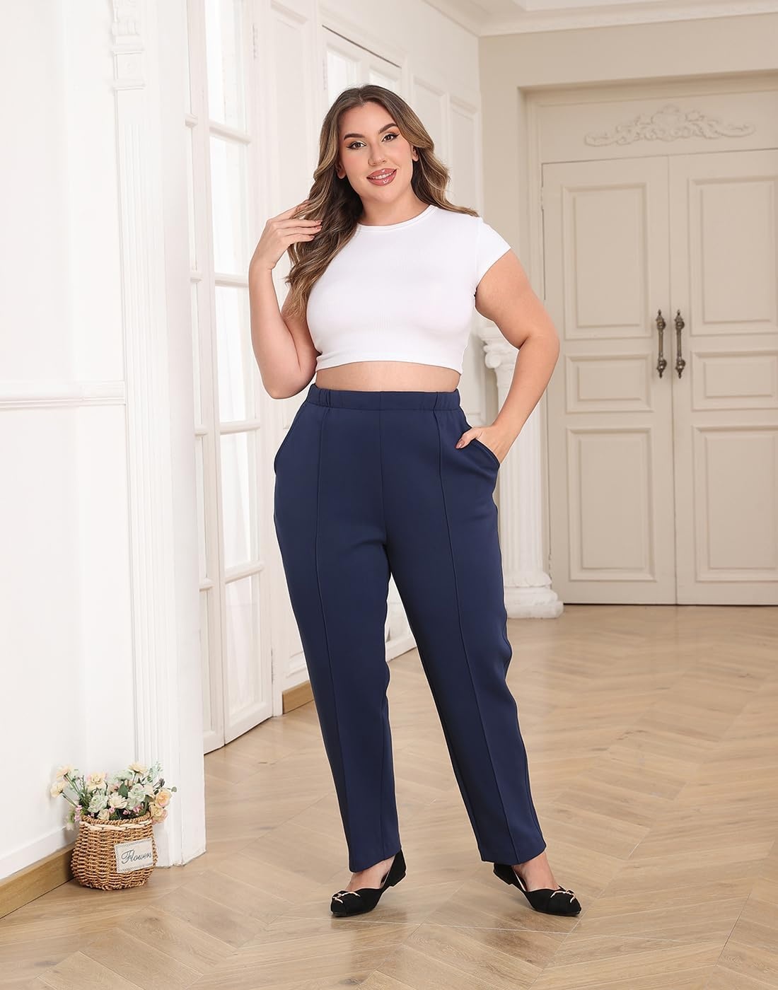 image:imageHDE Womens Plus Size Pintuck Pull On Sweatpants with PocketsNavy Blue