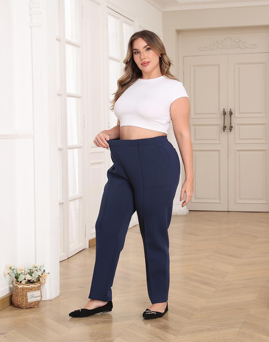 image:imageHDE Womens Plus Size Pintuck Pull On Sweatpants with PocketsNavy Blue