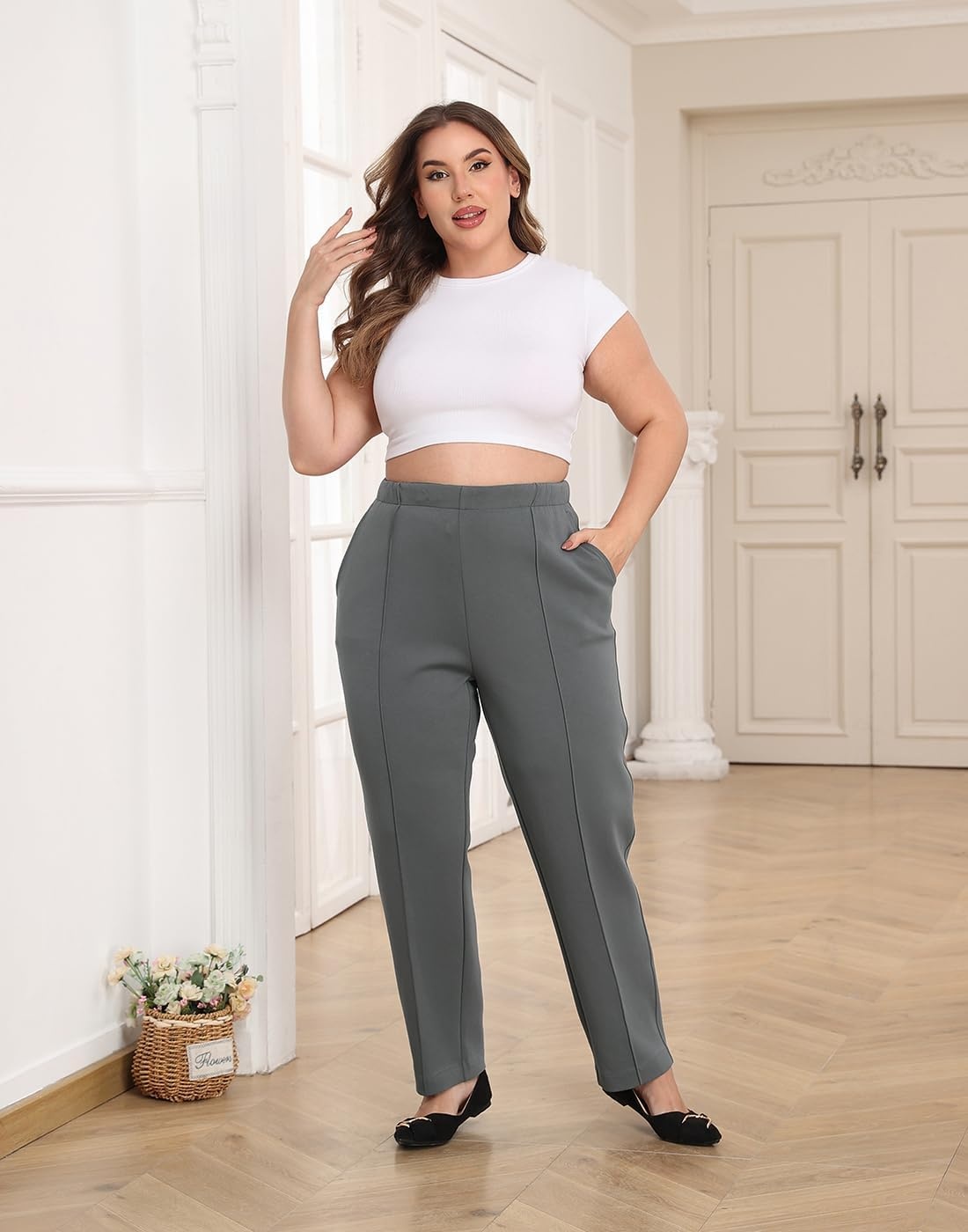 image:imageHDE Womens Plus Size Pintuck Pull On Sweatpants with PocketsSlate Gray