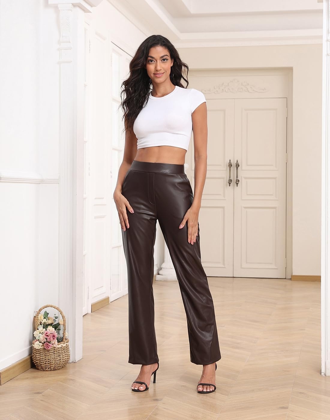 image:imageHDE Womens Pull On Faux Leather Kick Flare Pants High Waisted Pant with PocketsDark Brown