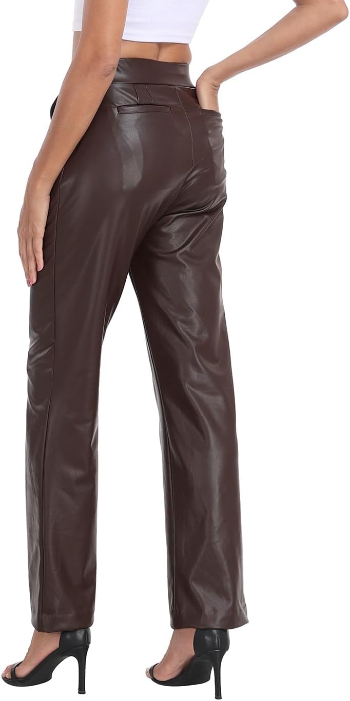 image:imageHDE Womens Pull On Faux Leather Kick Flare Pants High Waisted Pant with PocketsDark Brown