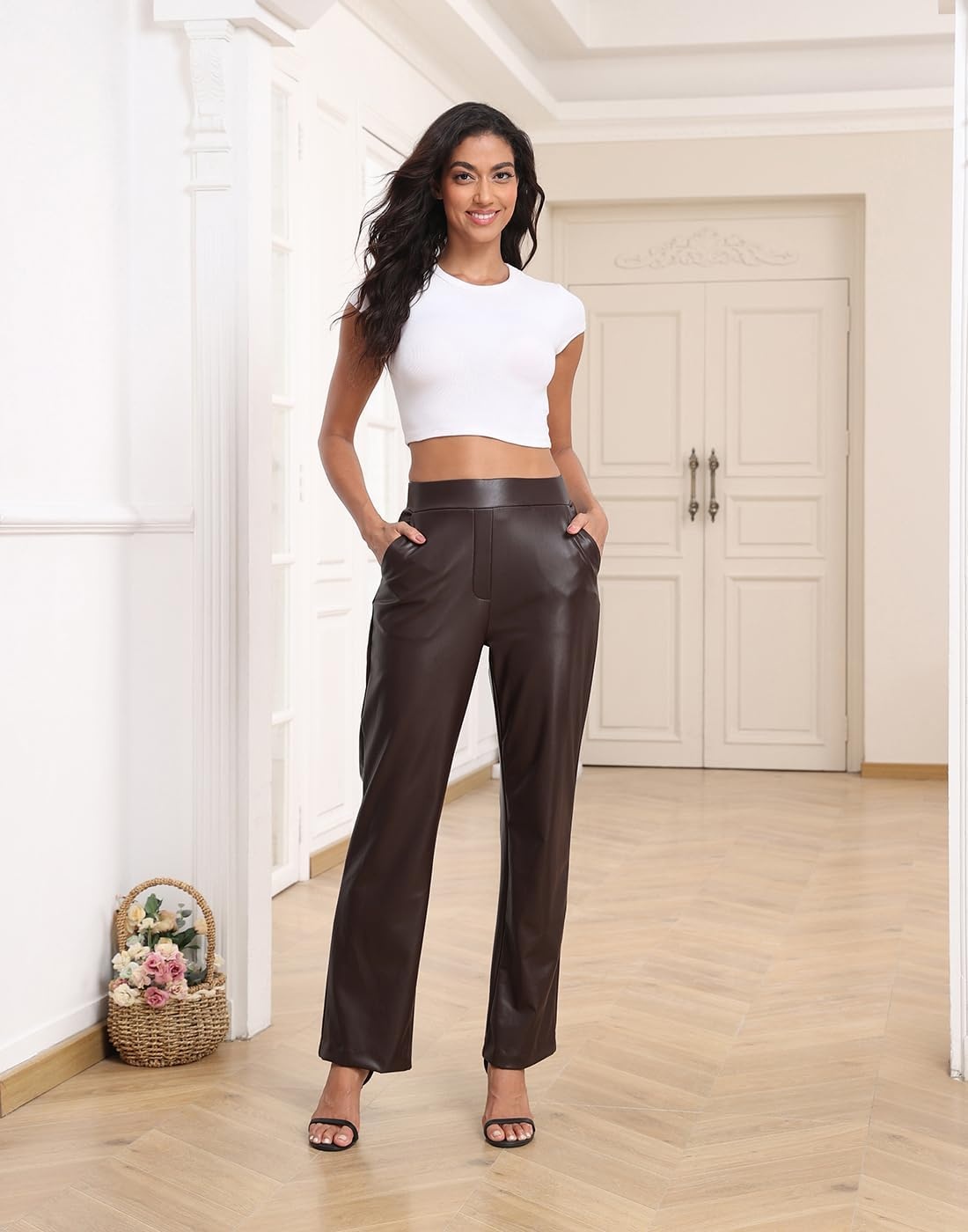 image:imageHDE Womens Pull On Faux Leather Kick Flare Pants High Waisted Pant with PocketsDark Brown