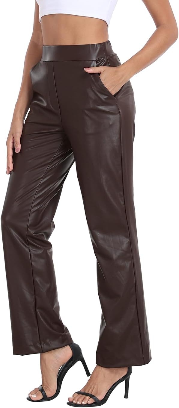 image:imageHDE Womens Pull On Faux Leather Kick Flare Pants High Waisted Pant with PocketsDark Brown