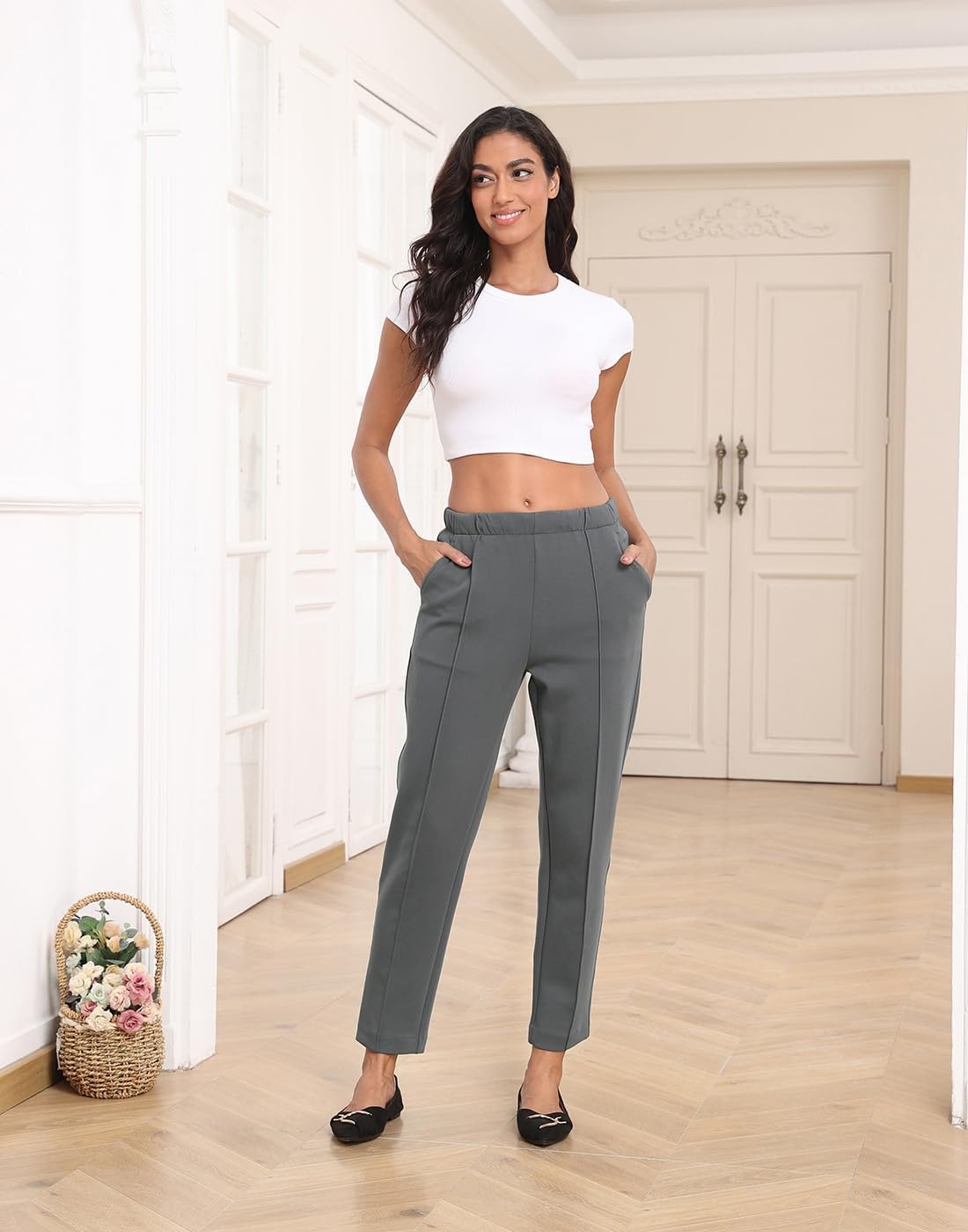 image:imageHDE Womens Pull On Pintuck Pants Casual Travel Dressy Sweatpants with PocketsSlate Gray