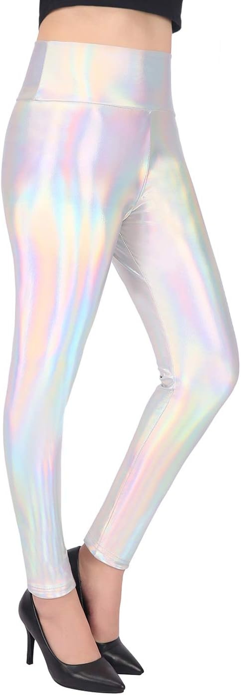 image:imageHDE Womens Shiny Leggings Liquid Pants Iridescent TightsHolographic